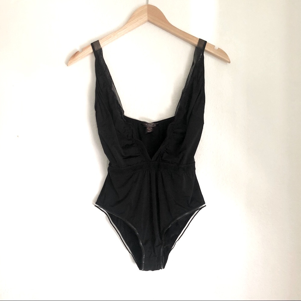Victoria Secret Bodysuit Black satin mesh XS